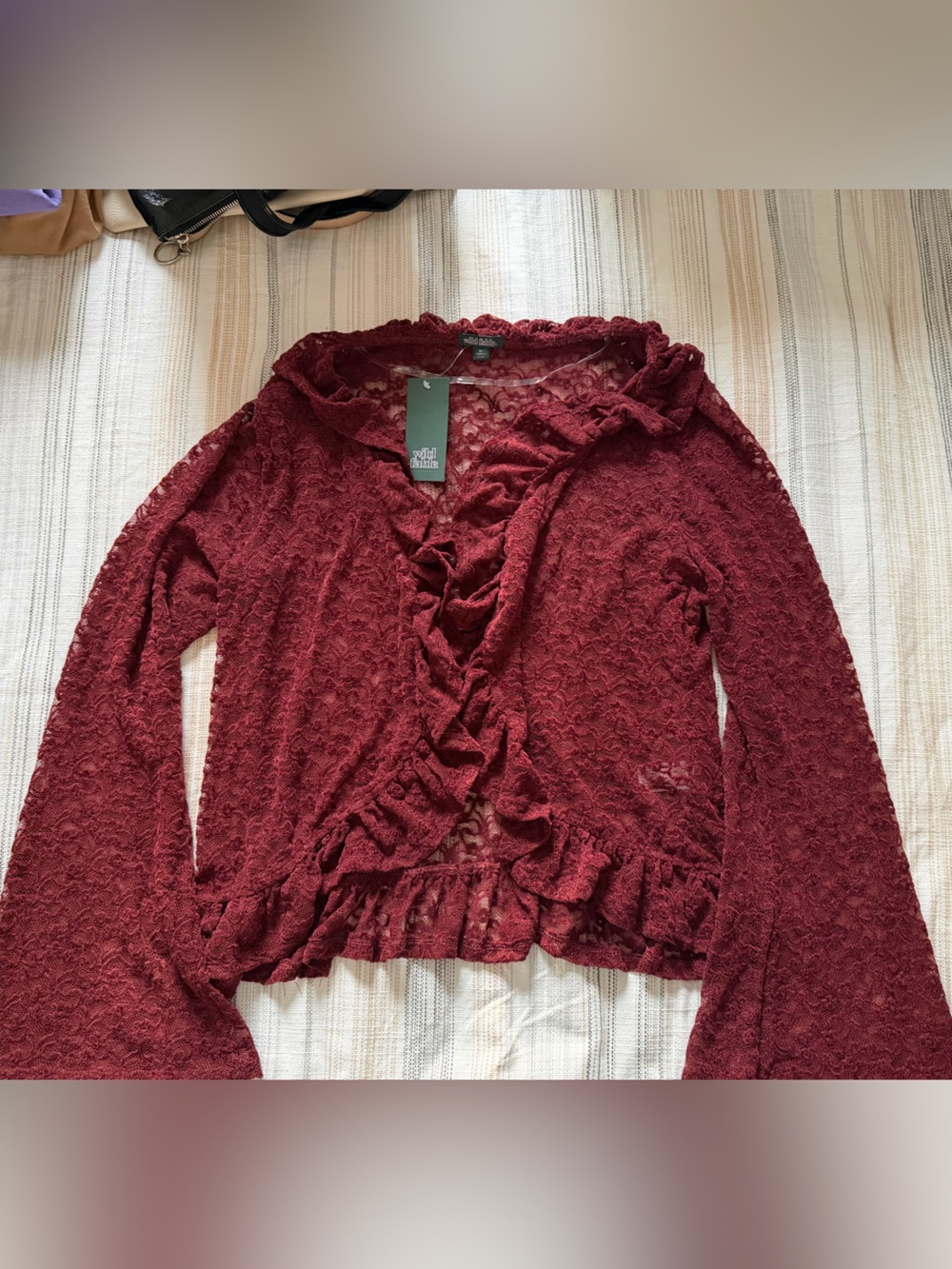wild fable Burgundy Lace Ruffle Long-Sleeve Cardigan